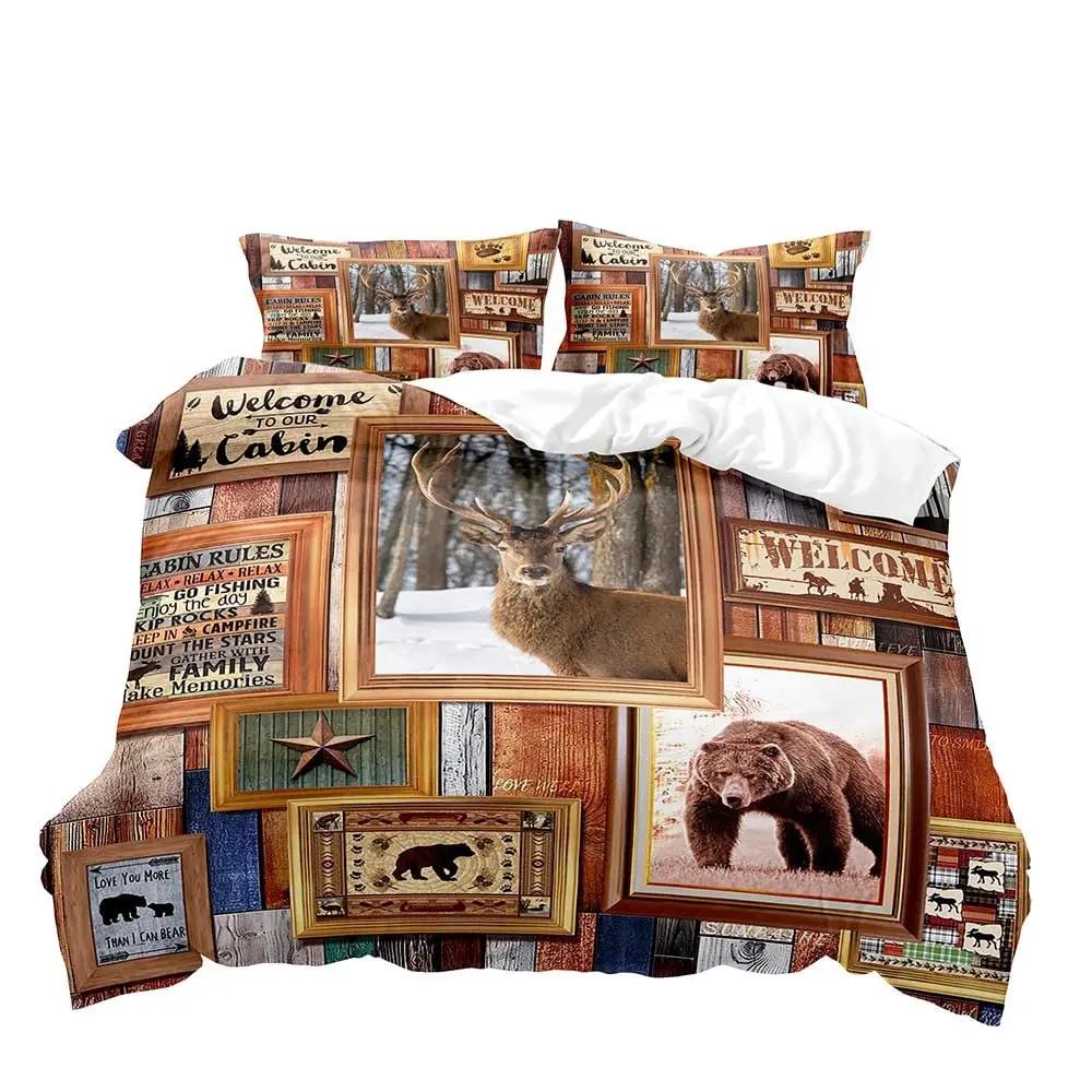 Farmhouse Duvet Cover SetBlack Bear Deer Elk Moose Forest Animal Wildlife Lodge Rustic Bedding Set KingSage Green Brown Plaid