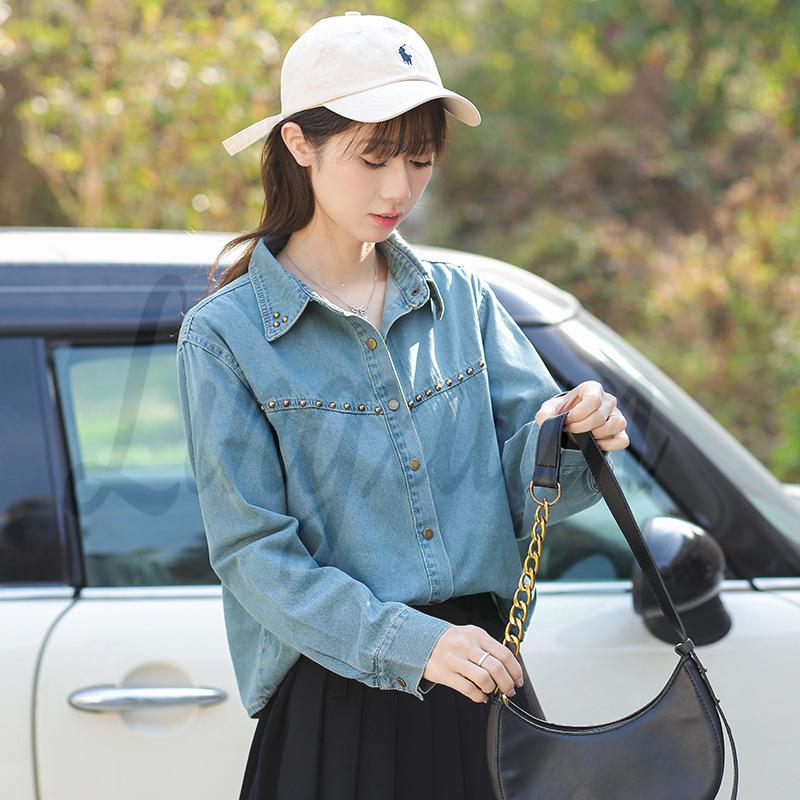 Korean Style Retro Layered Denim Shirt with Nail Decoration Medium