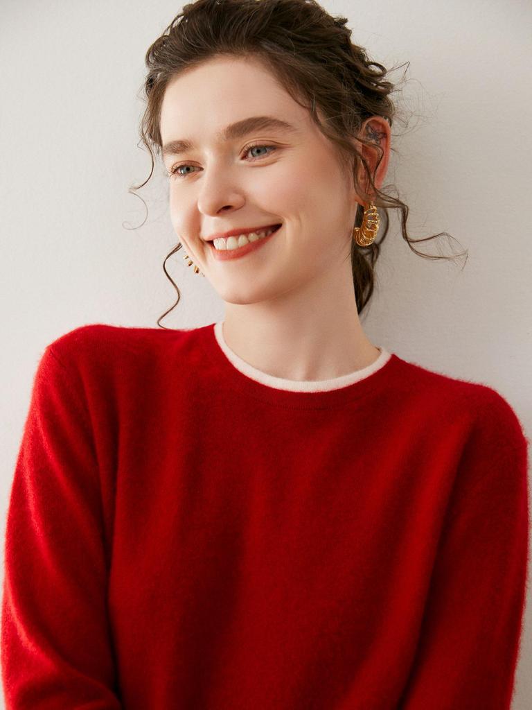 Korean Style Cashmere Color-Block Double-Layer Knit Sweater: Women's Autumn/Winter Loose Round Neck Pullover.