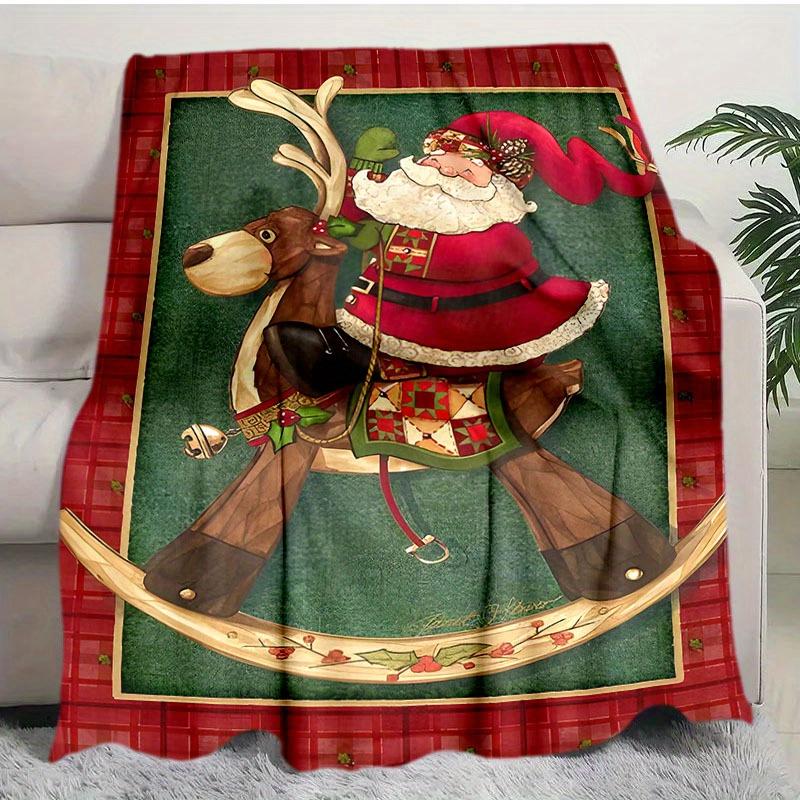 Christmas Santa Claus Reindeer Throw Blanket - Polyester Flannel Knitted, Digital Print, Stain-Resistant, All-Season Cozy