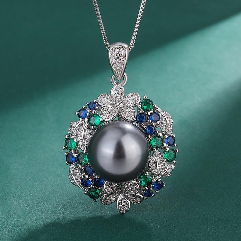 Platinum Grey Pearl Ring Tahiti Deep Sea Emerald Zircon Flower Necklace Earnail Set Jewelry Women