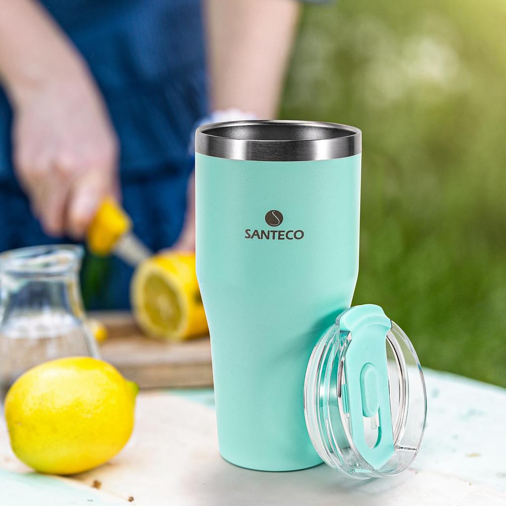 SANTECO ESCAPE with Lid and Large Keeps Drinks Hot or Stainless Vacuum Wide Mouth Green Tumbler, 590ml, Straw, Capacity, Cold, Stylish, 18/8 Steel,