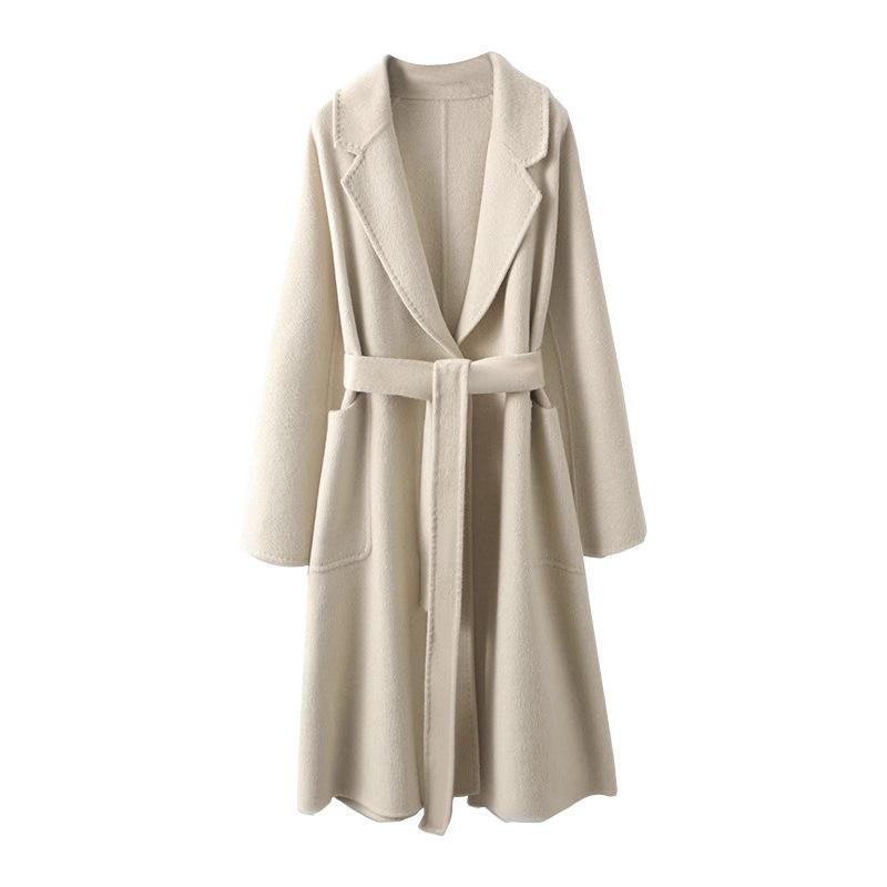 Petite Women's Mid-Length Camel Wool Coat - Loose Double-Faced Cashmere with Tie-Waist for Autumn and Winter.