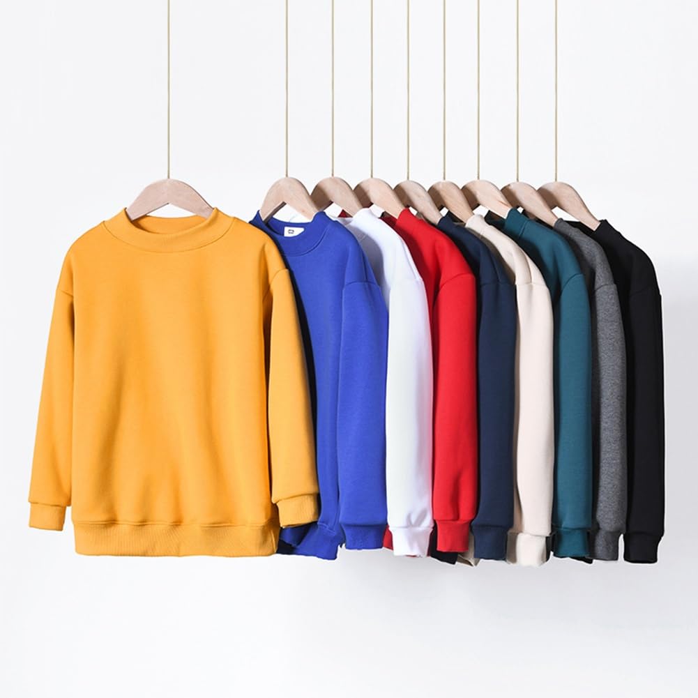 YNICEY for Boys and Solid High Size White Kids' Fleece-Lined Long-Sleeve T-Shirt Girls, Color, Neck, Unisex, Loungewear, 150,