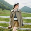 Women's Turn Down Collar Long Sleeve Loose Fit British Style Midi Trench Coat Belted Outerwear Jacket