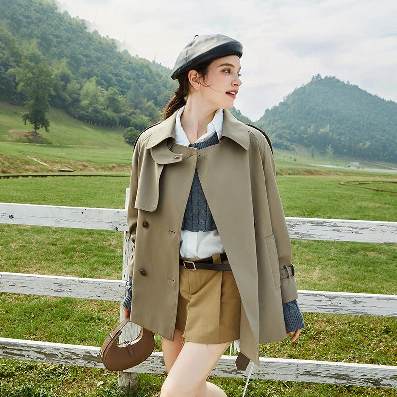 Women's Turn Down Collar Long Sleeve Loose Fit British Style Midi Trench Coat Belted Outerwear Jacket