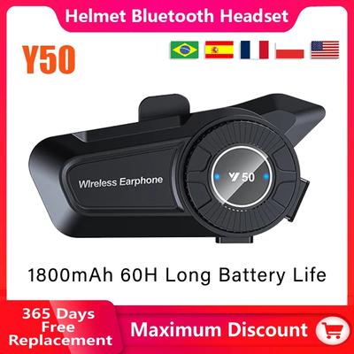 Y50 Motorcycle Helmet Bluetooth Headset 1800mAh 60H Long Battery Life IPX6 Waterproof Anti-Freezing Music Player Earphone