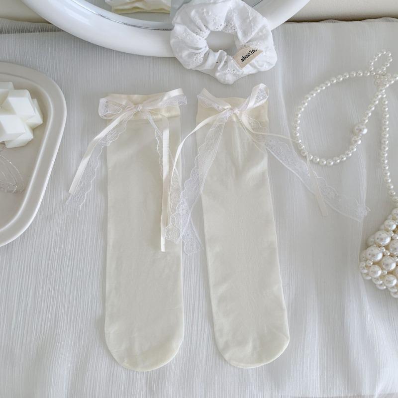 Female Summer Ultra Thin Model Sweet Bow Ballet Wind Transparent Cylinder Stack Socks
