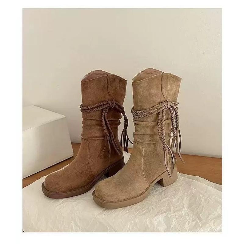 Cowhide Version Retro Knight Boots Women's Wasteland Woven Fringed Boots Heap Western Cowboy Boots High Heel Boots