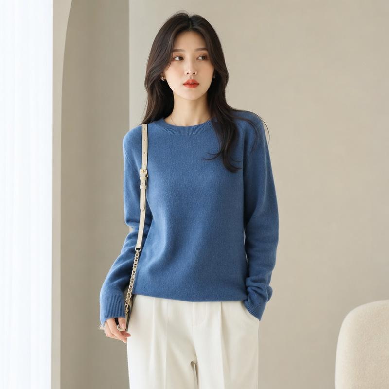 Women Crew Neck Solid Color Knit Sweater Long Sleeve Loose Fit Casual Ladies All Match Autumn Winter Basic Pullover