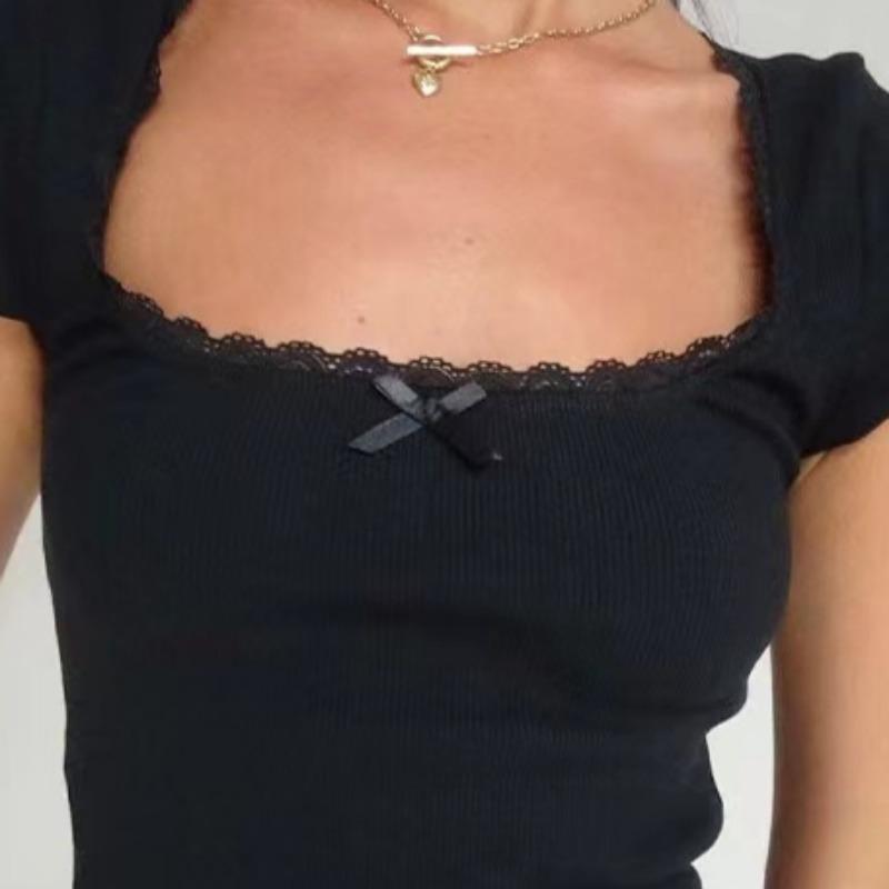 Vintage Baby Tee Cottage Lace Trim Knitted T-Shirt Summer Square Neck Short Sleeve Tee Shirt Women White Milkmaid Crop Top