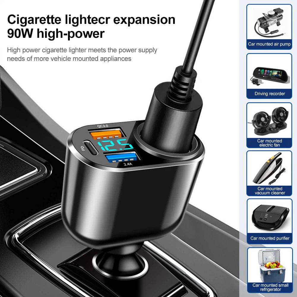 90W Car Charger QC3.0 PD Fast Charging Adapter Phone Chargers with Digital Display Cigarette Lighter Auto Accessories