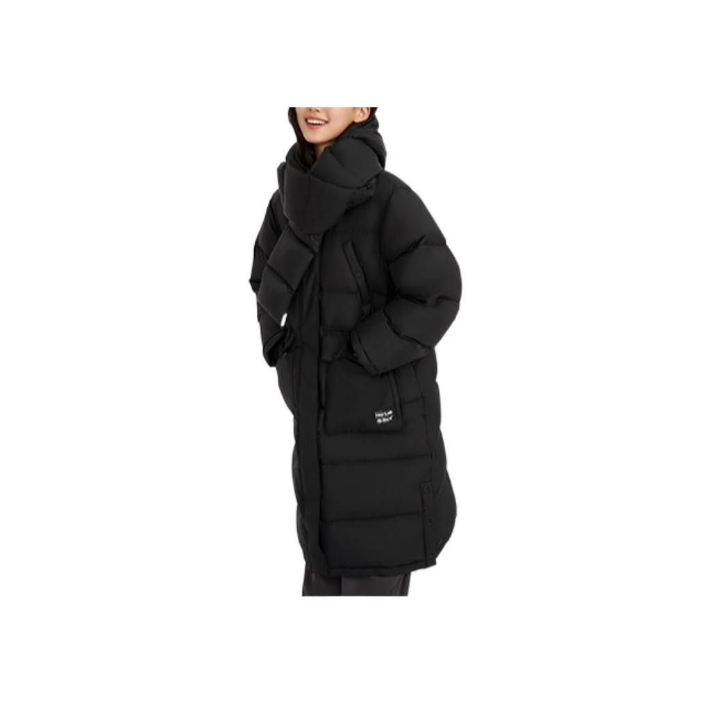 Li Ning Anti-Five Series Solid Color Logo Windproof Long Hooded Down Jacket Women Outerwear Black AYMR092-3