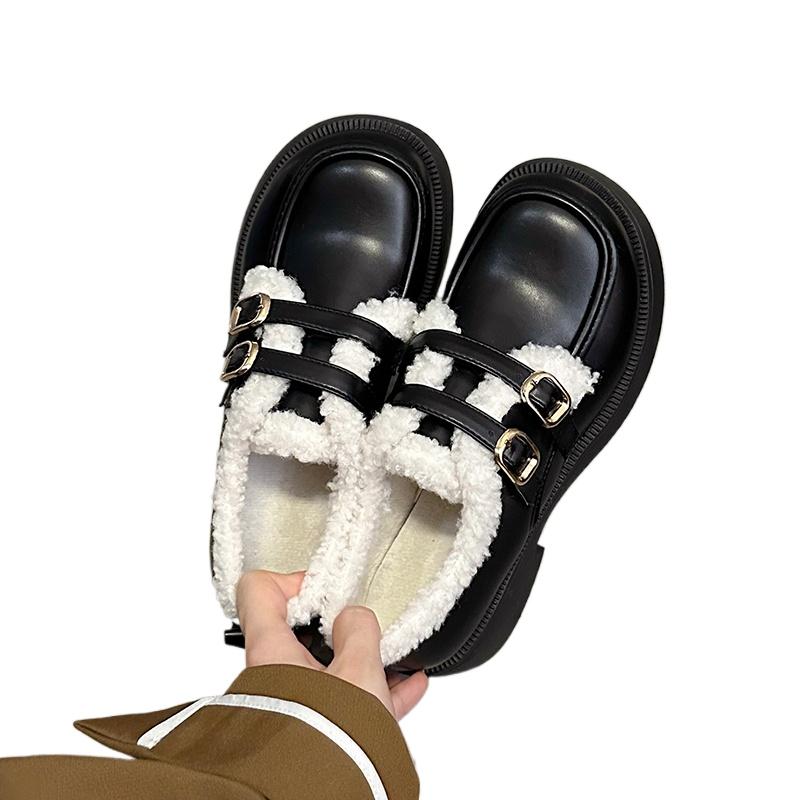 Fashion British Style Leather Shoes for Girls Winter 2024 Thick Soled Lamb Wool Warm Uniform School Cotton Shoes Plush PU Woman