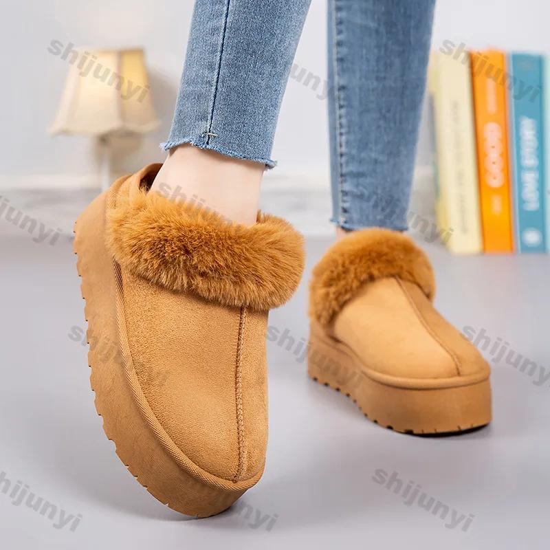 Women Fashion Fluffy Snow Cotton Slippers Winter Thick Sole Plush Warm Cotton Shoes Female Slip on Platform Non-slip Ankle Boots