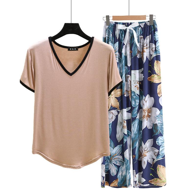 Modal Loungewear V-Neck color-block Tshirt and Floral Wide leg pants Summer Thin Pajamas sets Casual Plus size Homewear 2pcs suit Comfort clothing