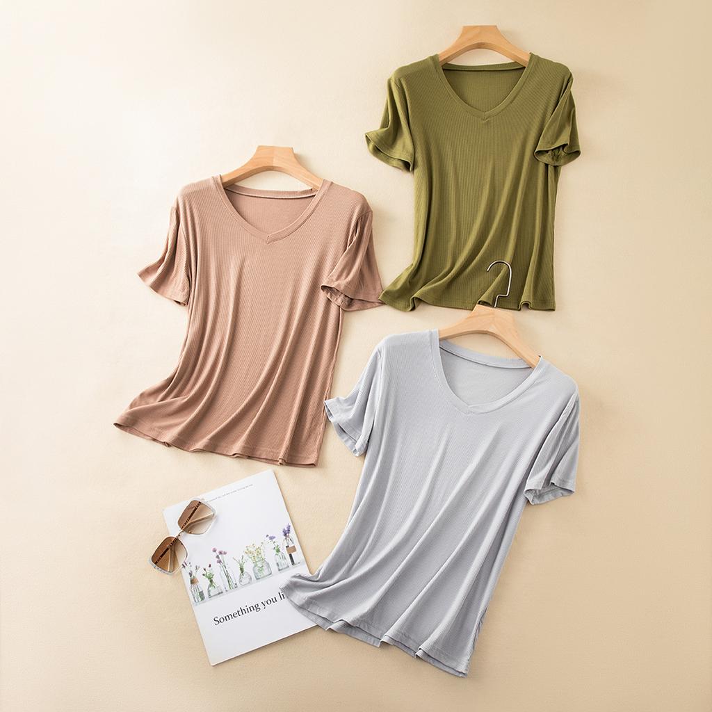 Rib Cotton V Neck T-shirt Short Sleeves Summer Women's Casual T-shirts Loose Tee Tops Solid Color Basic TShirt Tees