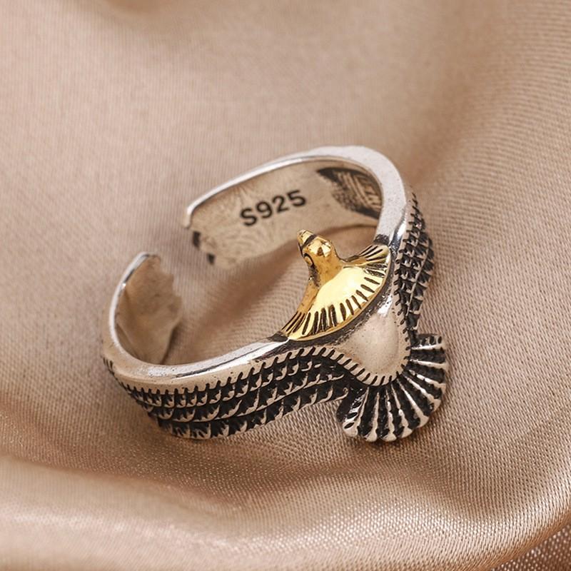 Adjustable Open Ring With Eagle Motif Vintage Style Unisex Copper Plated Geometric Statement Jewelry