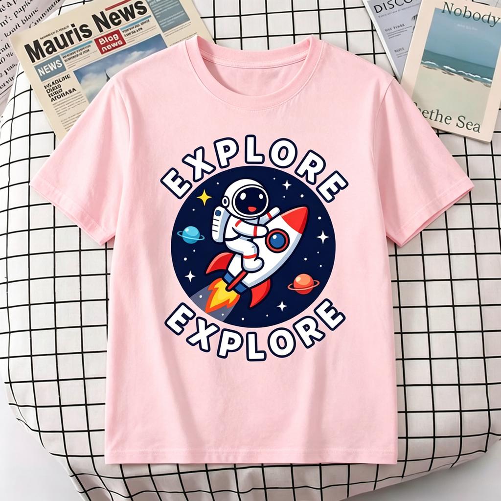 Unisex 100 Cotton TShirt Explore Cute Astronaut Ride Rocket Planet Star Space Print Oversize Casual Short Sleeve Tee