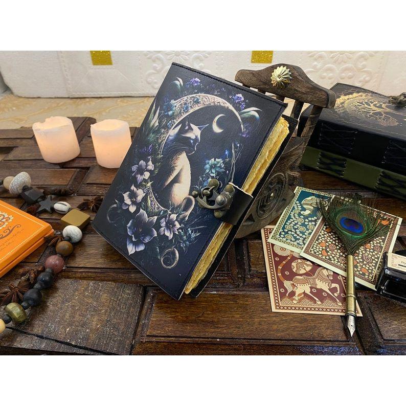 Grimoire Cat Leather Journal -Notebook Sketchbook - Book of shadow - Witch Wiccan Journal -Handmade Deckle Edge Paper Gifts For Halloween