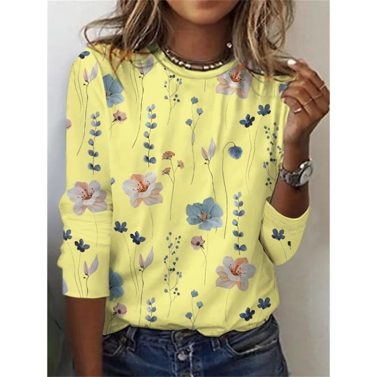 Casual Long Sleeve Women's Floral Print Sweatshirt Spring Fall Clothing Crew Neck