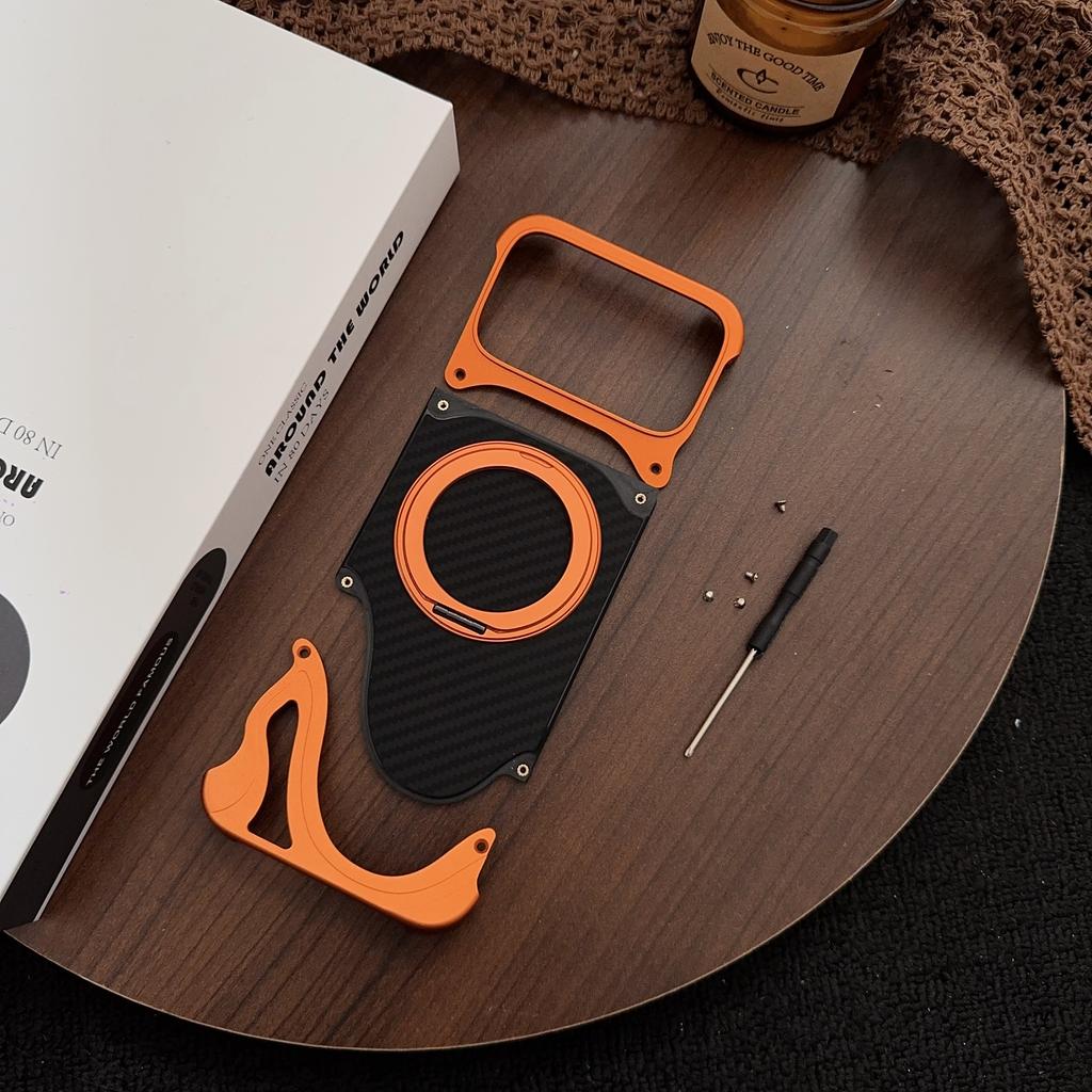 Carbon Fiber Alloy Aluminum 360 Rotating Holder Folding Bracket Magnetic Case for iPhone 17Pro Max Wireless Charging Stand Cover