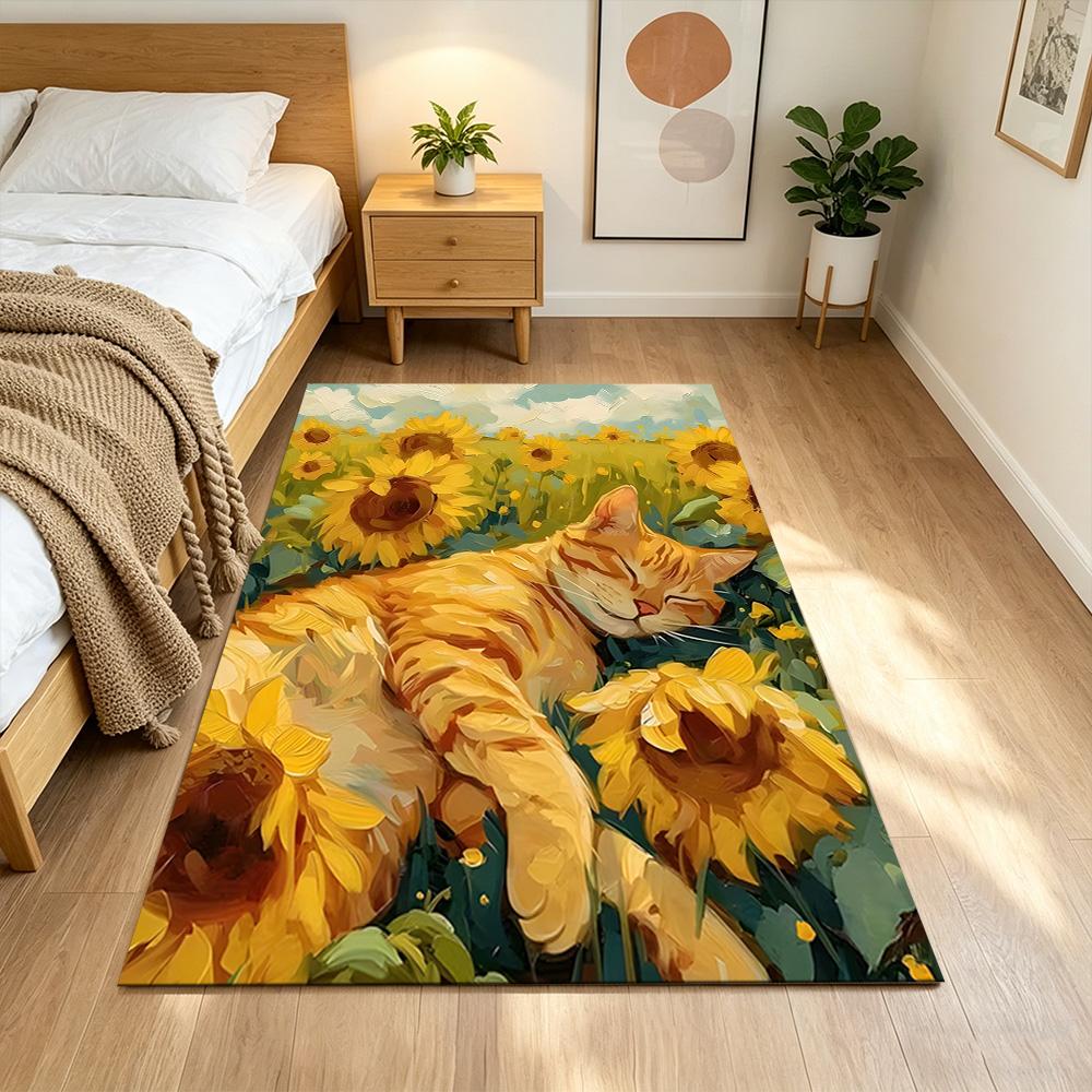 Sunflower Field Cat Dream Non-Slip Home Carpet Design for Office Decor Living Room Bedroom Gift