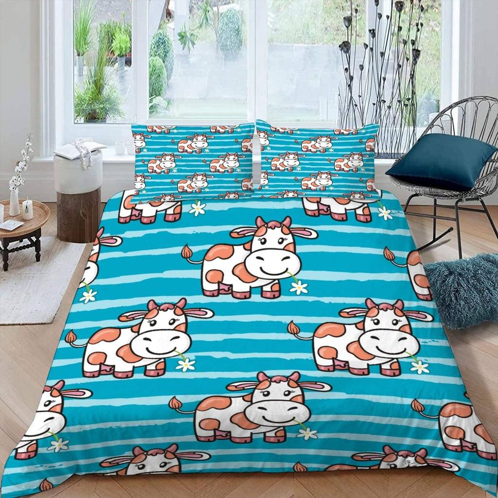 Cute Cows Duvet Cover Set Kawaii Farm Animal Bedding Set Microfiber Floral Comforter Cover Twin King For Kids Boys Girls Decor