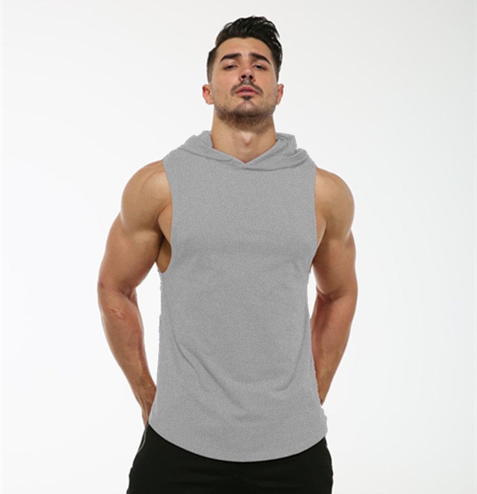 Men's Sleeveless Hooded Fitness Sweatshirt with Elastic Round Hem