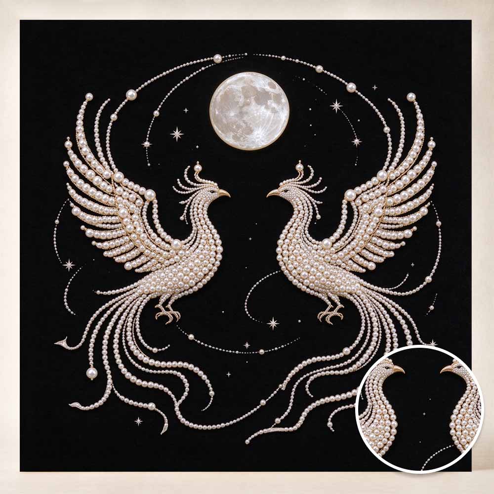 DIY Pearl Diamond Painting Set with Frame Phoenix and Full Moon 3D Pearl Beads. Home Wall Decor