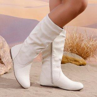 Falten-Design zum Hineinschlüpfen Westernstiefel 2026 Damen Flach Wildleder Beflockt Dicke Absätze Cowboystiefel Damen Seitenreißverschluss Wadenhoch Kurz Botas