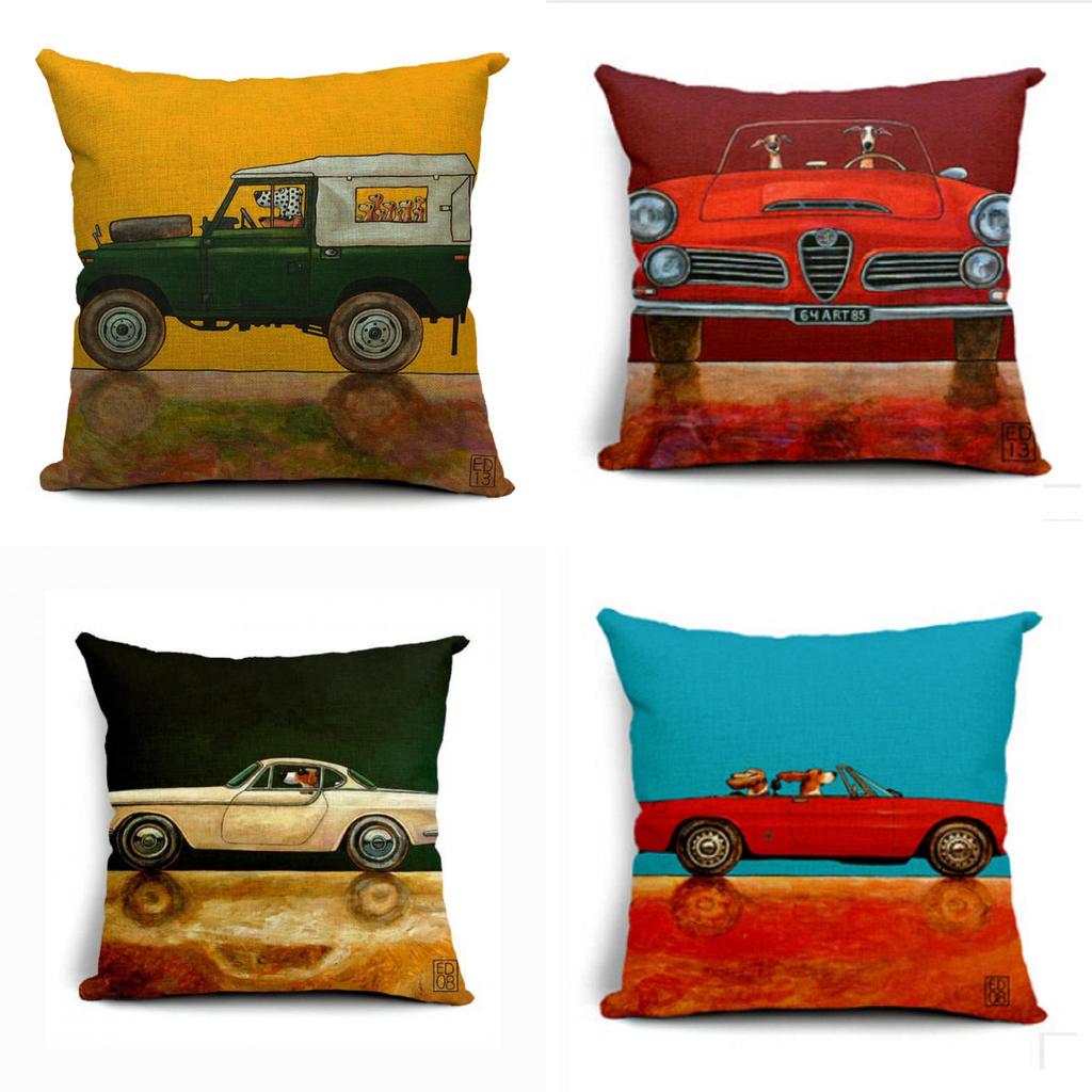 Vintage Car Dog Print Pillow Case In Beautiful Cotton Linen For Stylish Home Decor