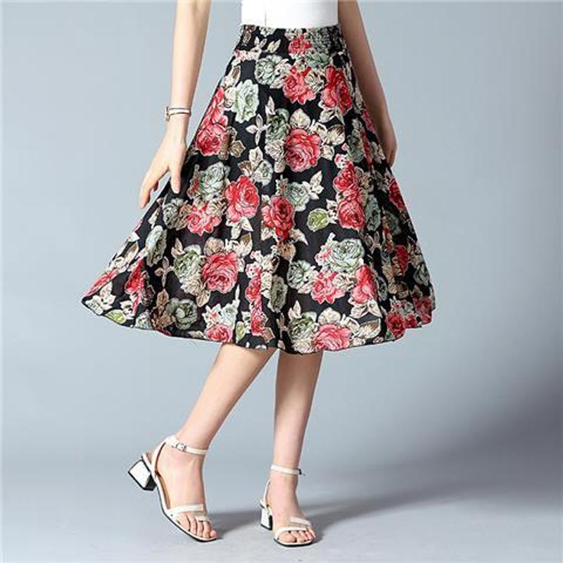 Fuste cu flori de lungime mijlocie de vară cu talie elastică femei lejer casual din șifon din mătase de gheață rochie de plajă pentru femei