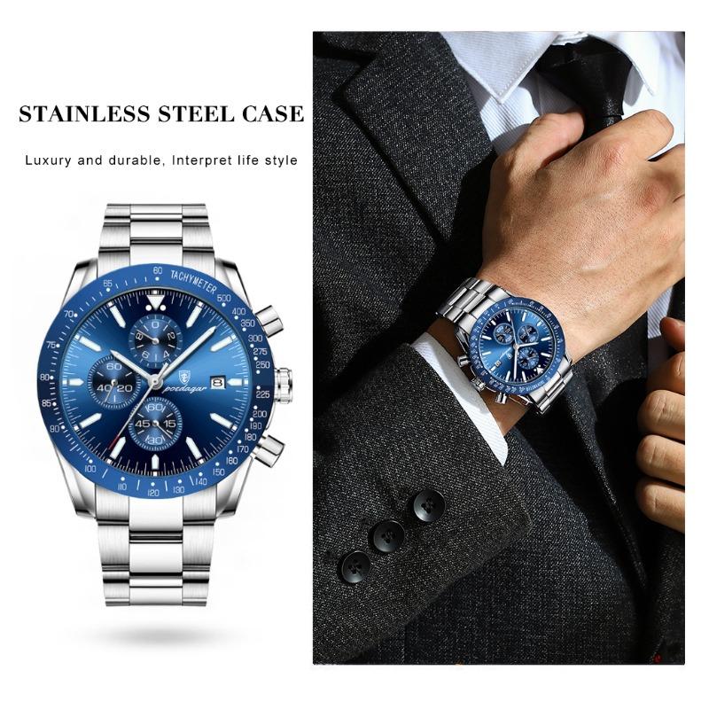 POEDAGAR Luxury Man Watch Chronograph Waterproof Luminous Date Quartz Wristwatch Fashion Sport Stainless Steel Watches