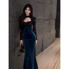 French-Style Lace Velvet Long-Sleeve Dress for Women, Early Spring Elegant Waist-Cinching Fitted Fishtail Bodycon Long Dress