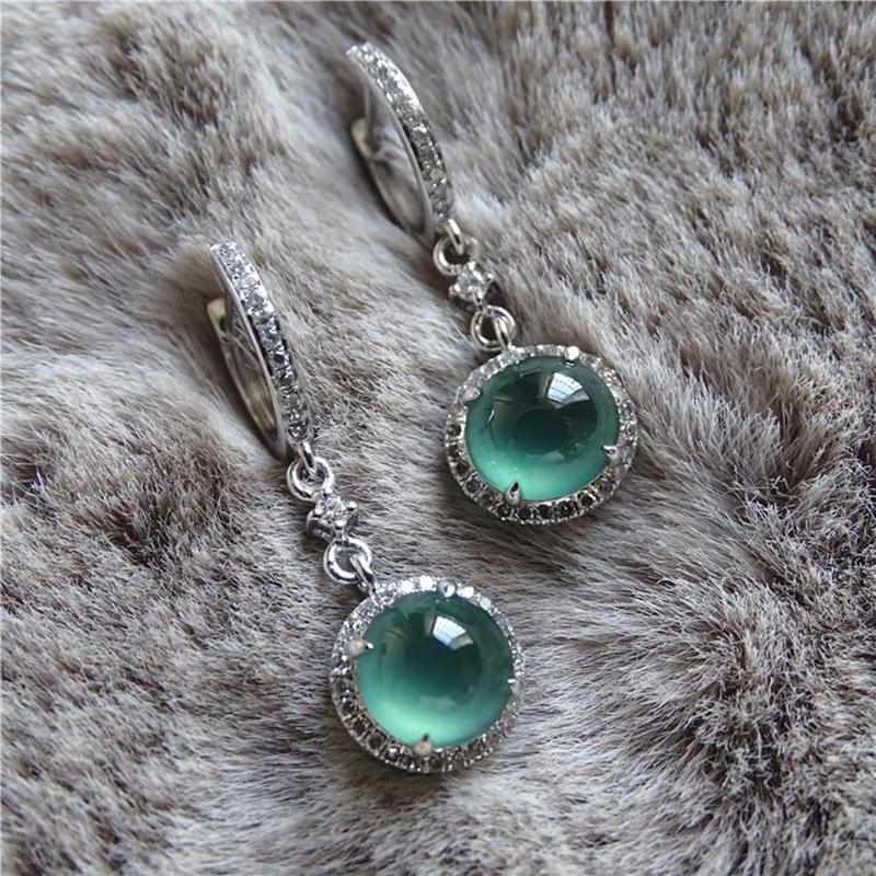 Original Design Natural Green Chalcedony Earrings With Diamonds, Noble Light Luxury Charm Women'S Jewelry