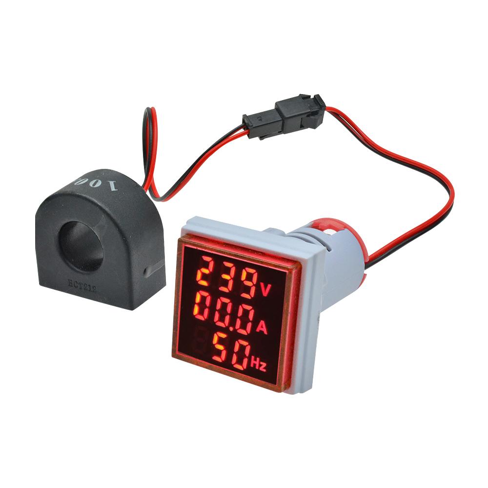 0-100A 50-380V 22MM 3 in 1 Square Mini Digital Voltmeter Ammeter Hz Hertz Frequency Meter Current Voltage Indicator Tester