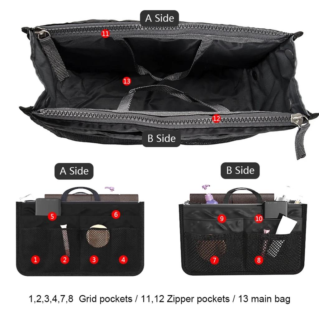 Large Capacity Handbag Organizer Nylon Multiple Pockets Purse Organizer Men Women Outdoor Travel Insert Compartment Tote Bag