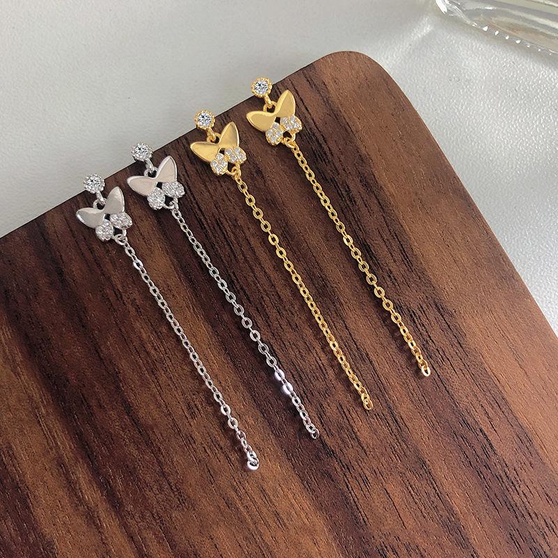 Sweet Sister Butterfly Fringed Earrings Personalized Small Broken Diamond Zircon Stud Earrings Temperament Long Ins Wind Round Bead Chain Earrings