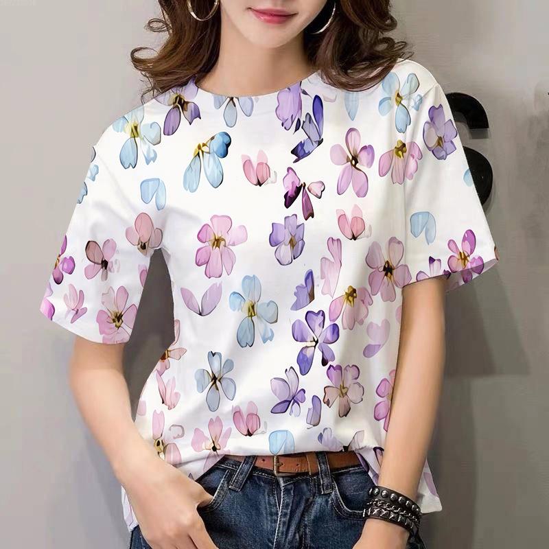 Fashion European and American Women's T-shirt Plant Flower Pattern 3D Printing Casual Women's Round Neck Short Sleeve Top