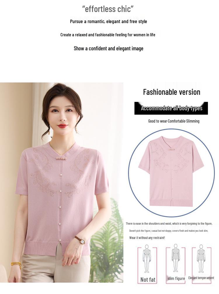 Mom's Summer Chinese Knitted T-shirt: Short Sleeve Ice Silk Top & Two-Piece Set for Middle-Aged Women