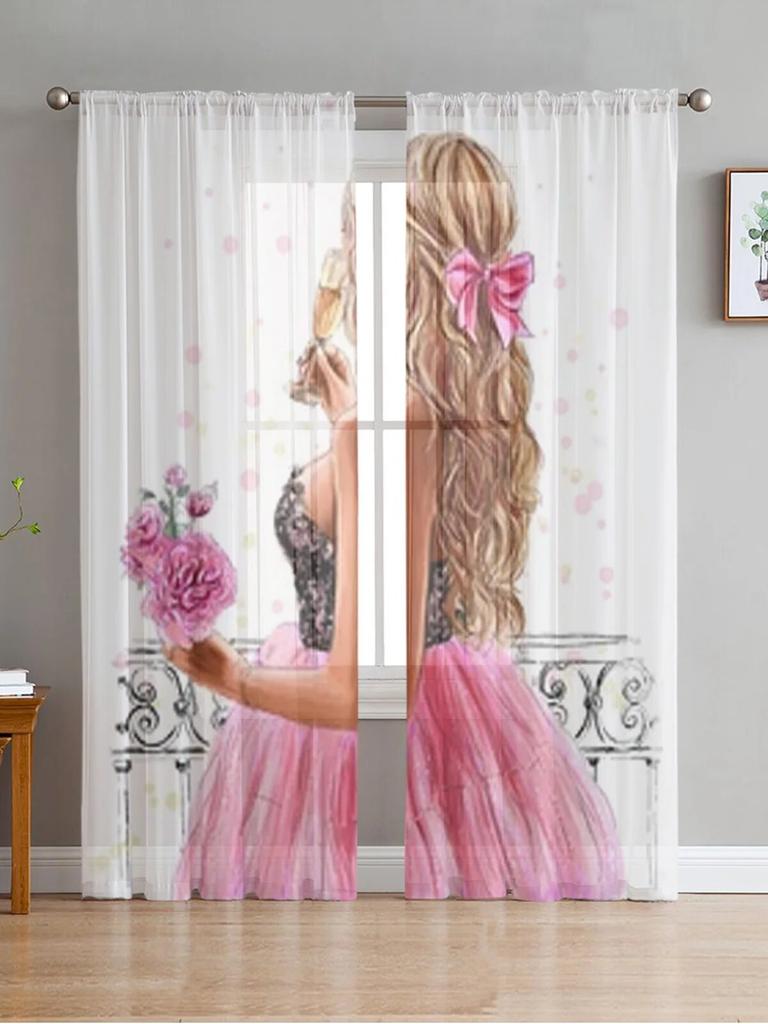 Krásná žena průsvitné závěsy do obývacího pokoje Dětská ložnice Tylové závěsy Závěsy pro ošetření oken v kuchyni