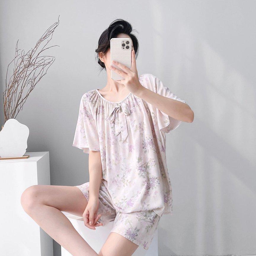 1011 New cotton and silk pajamas women's spring summer short-sleeved shorts printed suit cute fashion loungewear