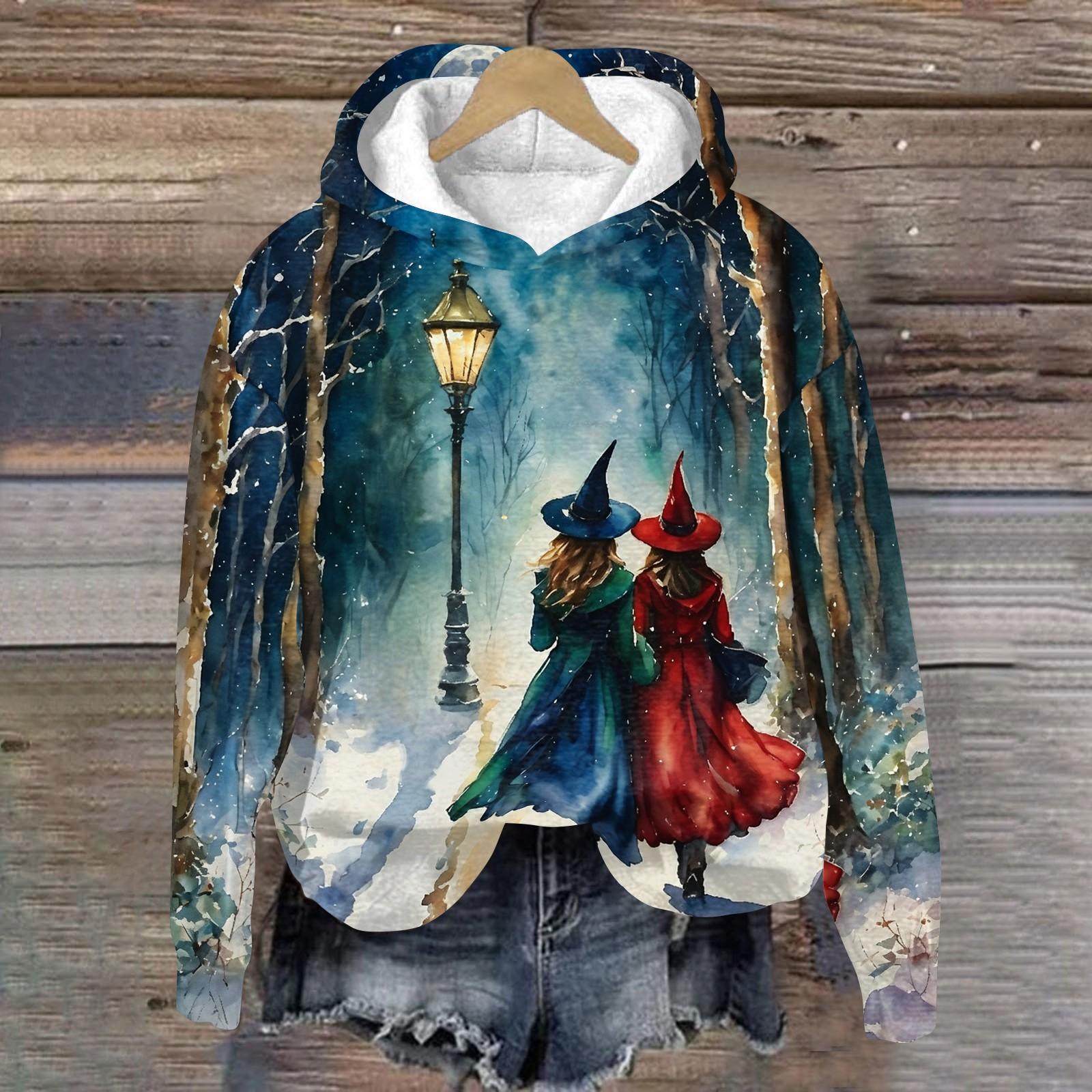 Women s Casual Long Sleeve Halloween Print Hoodie Pullover Sweatshirt XXL