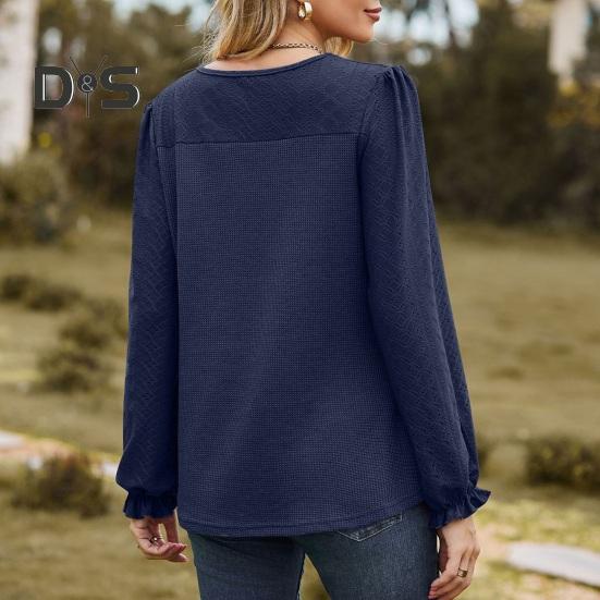 Women Tops Round Neck Puff Long Sleeve Solid Color Tee Shirt with Waffle Decoration Solid Color Loose Fit T-shirt