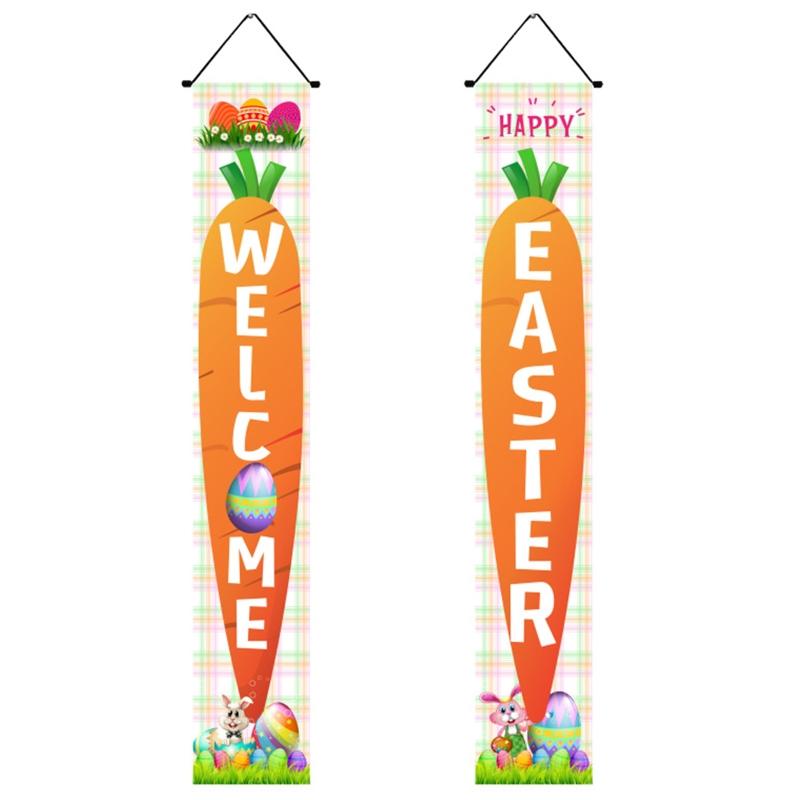 Happy Easter Couplet 1 Pair Door Curtain Hanging Banner Bunny Egg Carrot Decor 2024 for Home Decor Springtime Party Front Door