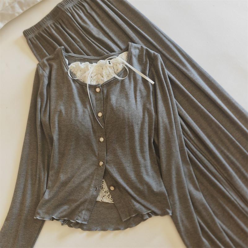 Chunqiu Damen Süßes Spitzen Modal Viskose Pyjama-Set mit Brustpolster - Langarm & Hose