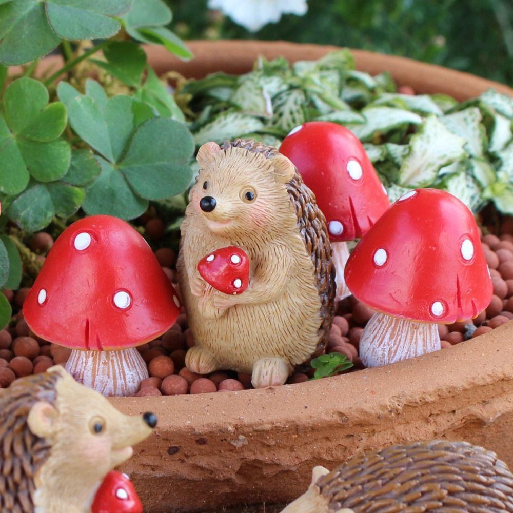 7pcs Cute Animal Sculpture Cartoon Garden Miniatures Figurine Hedgehog Mushroom Statue Office