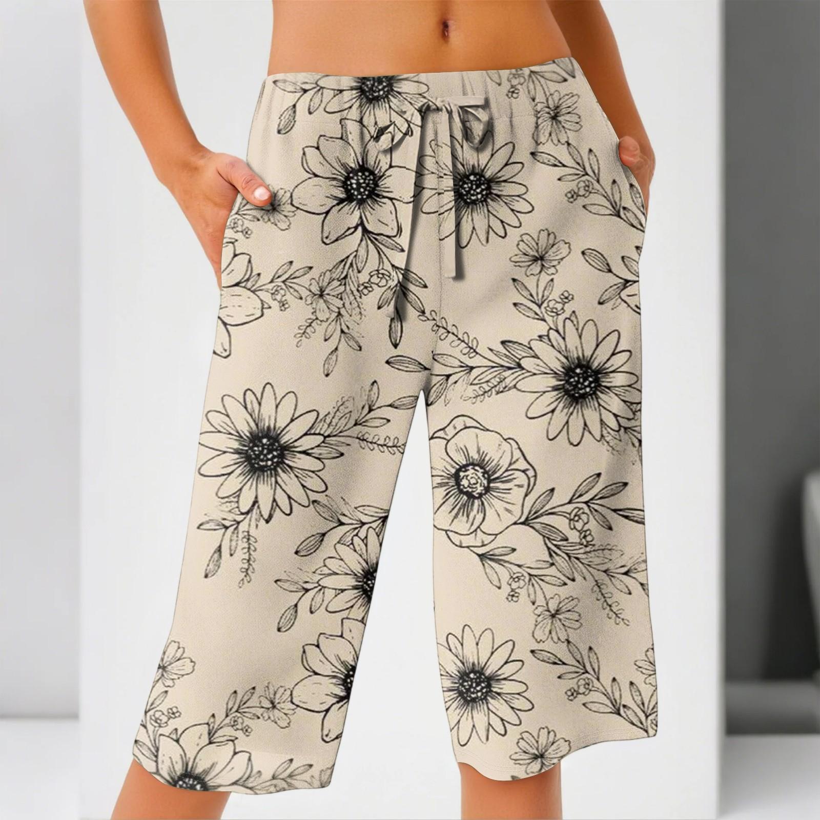 Women s Summer Elastic Waist Printed Cotton And Linen Loose Shorts XXL