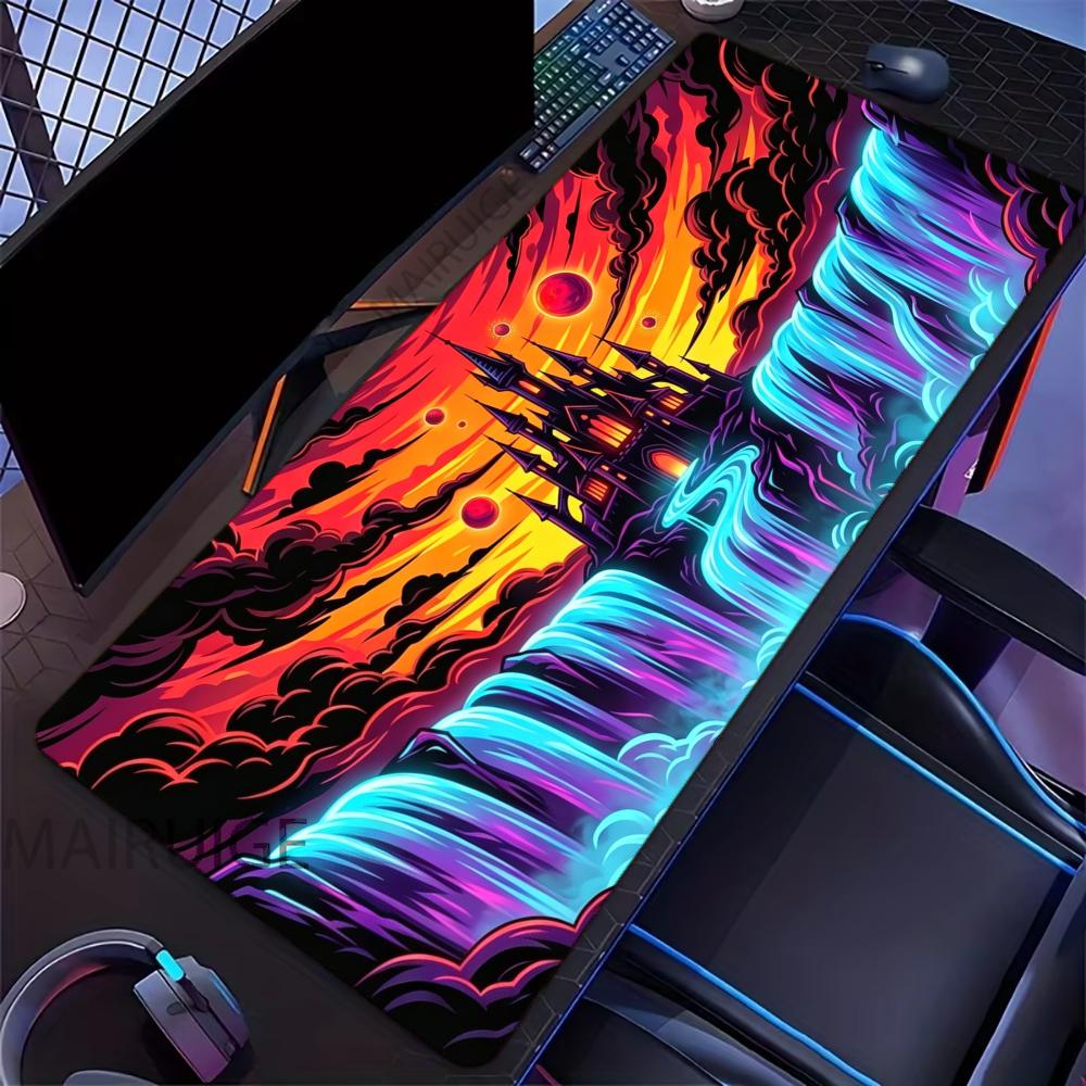 Neon Dark Castle Waterfall Mouse Pad Large Computer Office Game Table Mat Rubber Anti-slip Stitched Keyboard Mat 90x40 Desk Pads